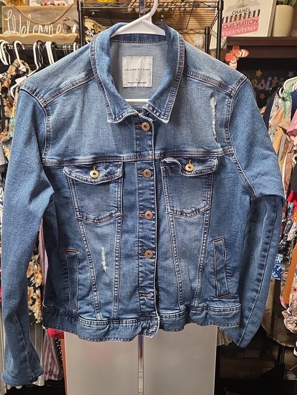 Celebrity Pink Distressed Blue Denim Trucker Jacket